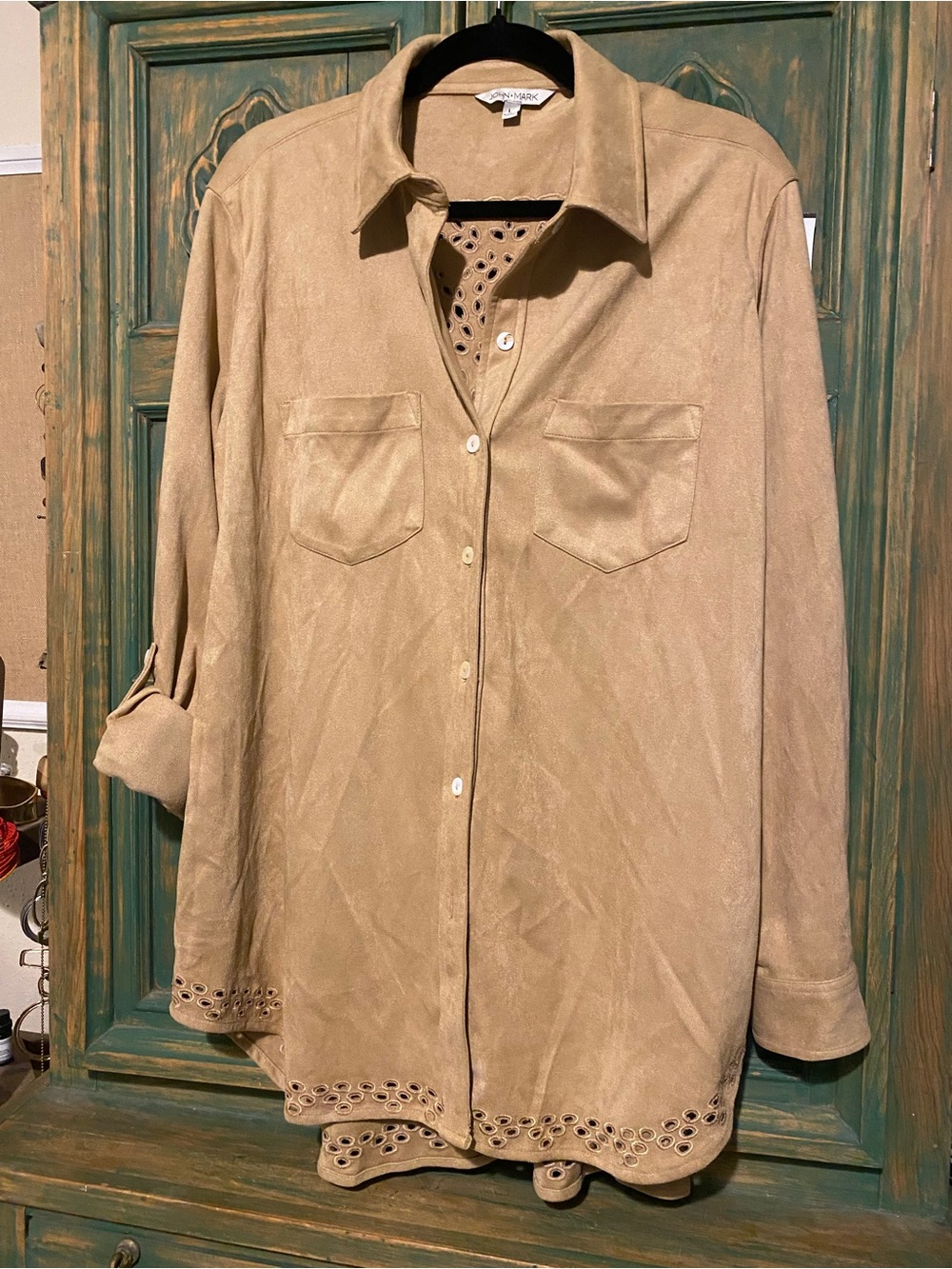 Suede Like Eyelet Hem Women’s Shirt - Tan